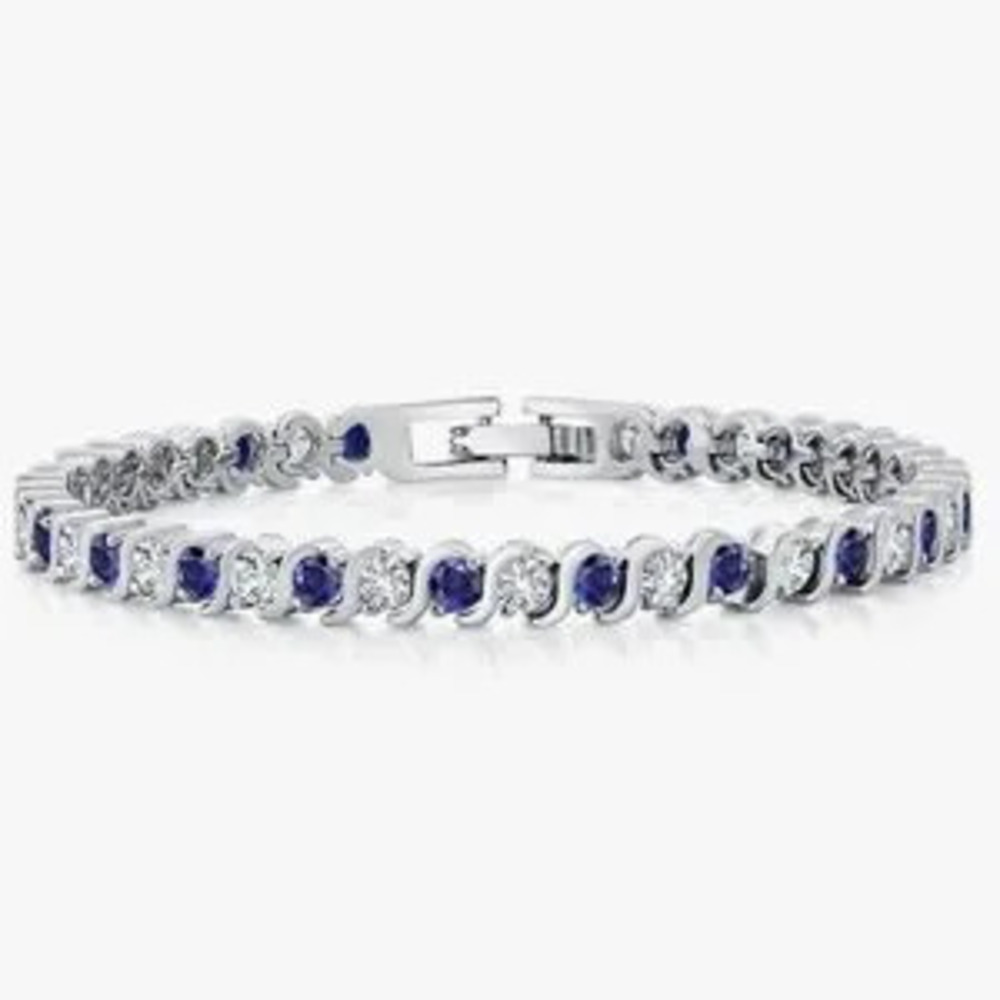 NEW?14K White Gold Plated Sophisticated Silver and Blue CZ Gem Bracelet 7 Inch
